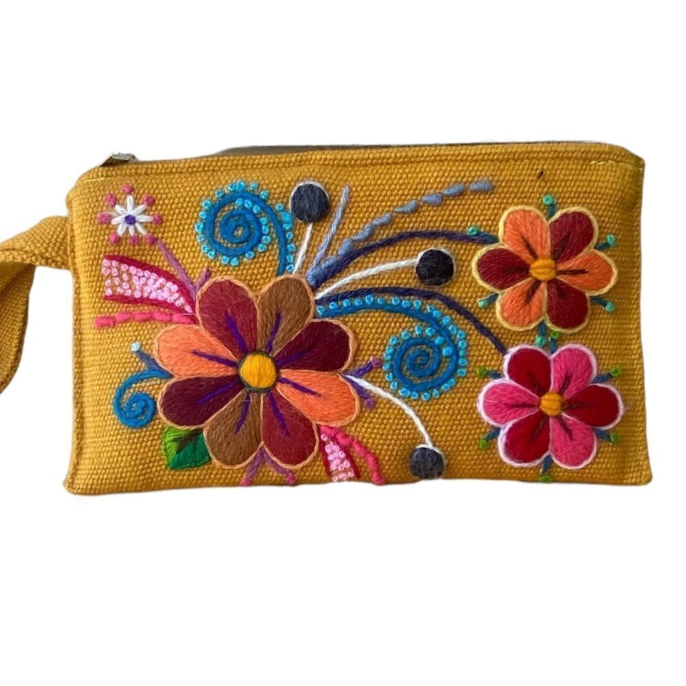 Embroidered 3D Floral Yellow Mustard Woven Cosmetic Bag Clutch Wristlet Purse
